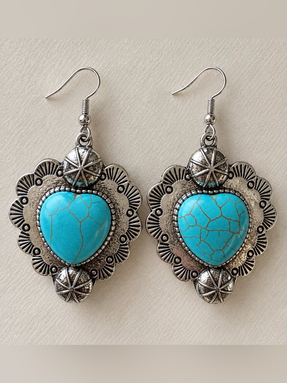 Silver-Tone Turquoise Heart Drop Earrings - Women Jewelry